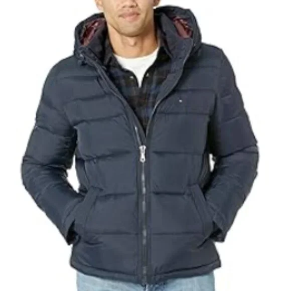 Tommy Hilfiger Men's Warm Hooded Puffer Jacket Water & Wind Resistant Navy - Picture 2 of 12
